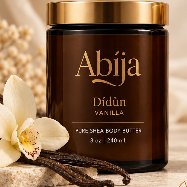 Oyin collection – Didùn Vanilla whipped shea body butter in an amber glass jar with gold lid