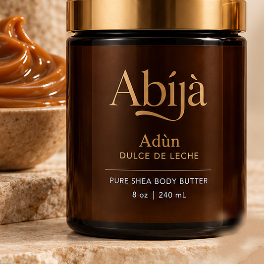 Adùn Dulce de Leche whipped shea body butter in an amber glass jar with gold lid – Abija Skin