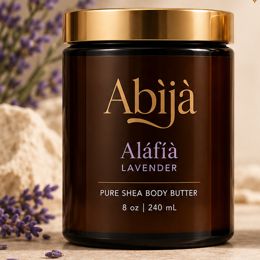 Aláfíà Lavender whipped shea body butter in an amber glass jar with gold lid – Abija Skin
