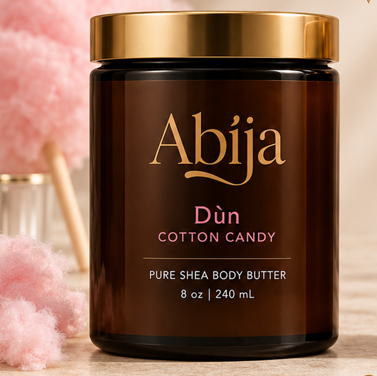 Dùn Cotton Candy whipped shea body butter in an amber glass jar with gold lid – Abija Skin