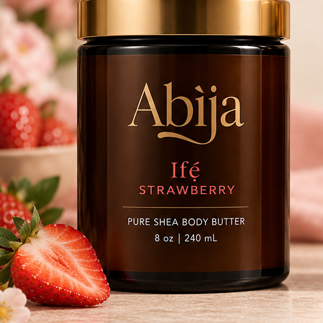 Ifẹ̀ Strawberry whipped shea body butter in an amber glass jar with gold lid – Abija Skin